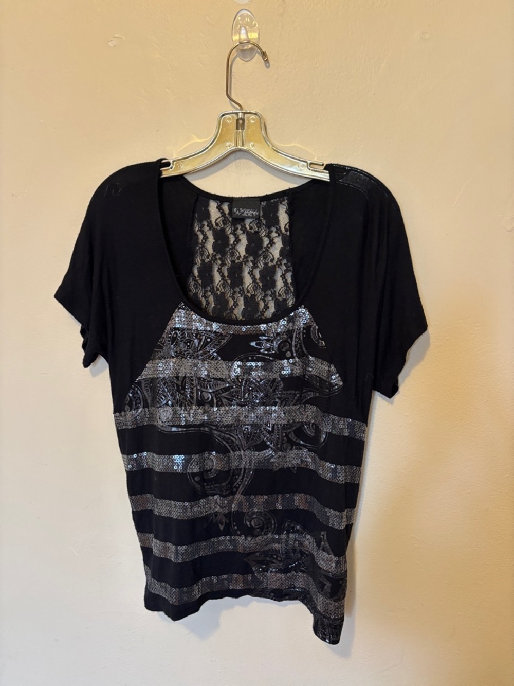 Daytrip Black Short Sleeve Lace-Back Tee with Silver Sequin Stripes